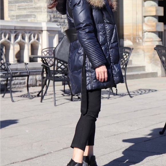 Rudsak navy down winter coat with leather waistband and details - Picture 16 of 16